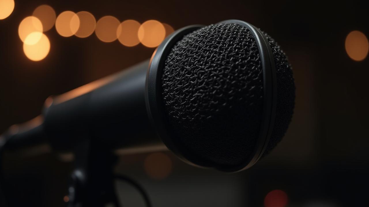Close up of professional broadcasting microphone in a dark studio setting