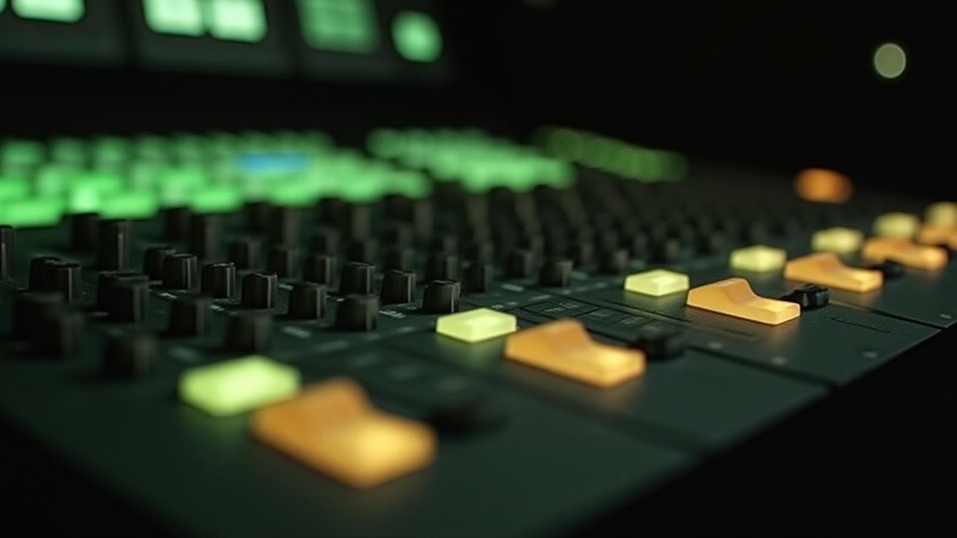 Close up of professional audio mixing console with illuminated faders