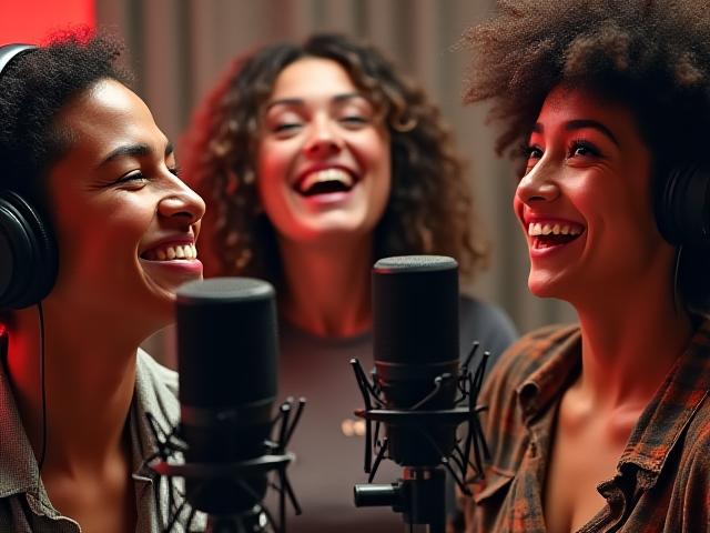 Group of people laughing in a recording booth